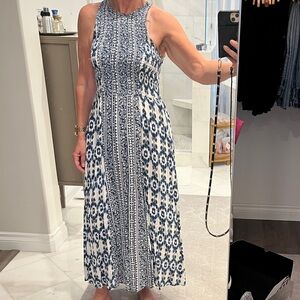 Racer-back Blue and White Maxi Dress with smocked bodice